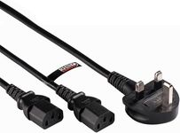 rhinocables IEC C13 Double Mains Splitter Cord Power Cable Lead with UK Pin Plug 13 Amp, Two Plugs for Monitor, Printer, PC, Computer Mains Power Supply (1, 2m)