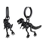 3D Dinosaur Earrings Unisex Stainless Steel Black Huggie Hoops with Tyrannosaurus Rex Dangle Charm Punk Rock Earrings for Men Women