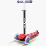 Fawn Toys 3-Wheel Junior Kick Scooter LED Flashing Wheels/Lean to Turn/Indoor/Outdoor Three Adjustable Heights Quiet PU Wheels Extra Wide Deck Best Gift for Kids, Boys Girls 2-8 Yrs(Red)