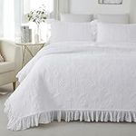 Brandream White Quilt Set Queen Size Cotton Tulip Matelasse Coverlet Set French Country Bedding Lightweight Quilted Ruffle Bedspread 3-Piece