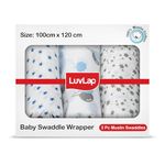LuvLap 100% Cotton Muslin Baby Swaddle Set, Pack of 3, Size-120cm x 100cm (47"x39"), Stars Printed on White, 0-18 Month+, Printed Mulmal Muslin Swaddle Wrap for New Born Baby, Baby Towel