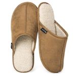 EverFoams Men's and Women's Suede Indoor House Slippers Memory Foam Bedroom Slip On with Warm Sherpa Lining (Men Size 11-12/Women Size 13-14, Tan)