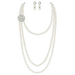 BABEYOND 1920s Gatsby Pearl Necklace Vintage Bridal Pearl Necklace Earrings Jewelry Set Multilayer Imitation Pearl Necklace with Brooch (White)