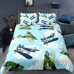 Airplane Comforter Cover Single Size Olive Green Pattern Bedding Set Plane Flying Print Decorative 2 Pieces Children Kids Duvet Cover Set Shark Teeth Bedspread Cover with 1 Pillowcase Zipper