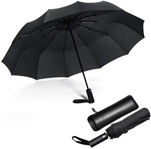 JIGUOOR Umbrella Windproof Travel Compact, 12 Ribs Strong Folding Automatic Large Rain Umbrellas w/Teflon Coating, Wind Resistant with Leather Case for Men Women (Black)