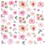 AOWDIAO 60 Pcs Flower Peel and Stick Wall Decals Watercolor Vinyl Peony Floral and Leaves Wall Stickers Pastel Flower Decor for Girls Bedroom Nursery Classroom Living Room