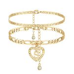 YANODA Initial Ankle Bracelets for Women 14K Gold Plated Layered Figaro Chain Letter Initial Anklets Handmade Layered Heart Ankle Bracelets Personalized Gifts for Women Teen Girls S