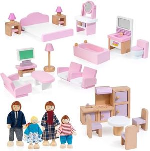 WOODMAM 26pcs Wooden Dollhouse Furniture Set with 4 Family Dolls, Pink Dollhouse Accessories for 4 Rooms, Pretend Play Furniture Toy, Birthday Gift for Girls Boys Age 3 4 5 6 Years Old