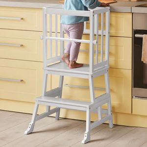 COSYLAND Kids Kitchen Step Stool Helper with Gloves Removable Anti-Drop Railing Safety Rail, Non-Slip Mat Standing Tower Stepping Stool for Toddlers Bathroom Sink Counter Learning White