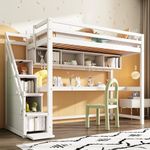 Wood House Bunk Bed 90x190 cm, 3ft Loft bed with Bookcase and Storage Stairs, Children's Bed with Desk and Shelves, with Slatted Frame, White