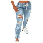 Ripped Jeans Womens Skinny Stretch Distressed Destroyed Denim Denim Pants Elastic Waist Drawstring Denim Jeans Jeggings Plus Size Ladies Full Length Ankle Jeans Trousers