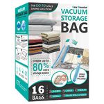 16 Pack Vacuum Storage Bags, Space Saver Bags (2 Jumbo/2 Large/3 Medium/3 Small/6 Roll) Compression Storage Bags for Comforters and Blankets, Vacuum Sealer Bags for Clothes Storage, Hand Pump Included