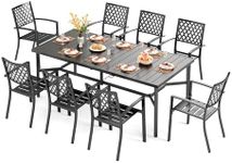 PHI VILLA 9 Pieces Outdoor Dining Set for 8, Rectangular Metal Table with Umbrella Hole & Stackable Wrought Iron Chairs, Large Dining Furniture for Patio, Deck, Yard, Porch