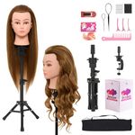 Neverland 26"-28" Hairdressing Head Training Head with Stand, 60% Human Hair Doll Head for Hairdressing, Training Heads for Hairdressers, Training Head with Table Clamp and Hair Accessories(Golden)