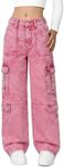 Tenfinordi Girls Cargo Baggy Jeans, Y2K Straight Wide Leg Cargo Denim Pants - Multi Pockets, Elastic Waistband & Button Kids School Trendy Streetwear Trousers Pink Size 11