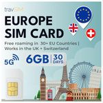 travSIM Europe SIM Card with 06GB Data (4G/5G) + Unlimited Calls & Texts | Valid 30 Days | Works in EU, UK & Switzerland | Data + Voice SIM for Whatsapp, Facebook, Instagram