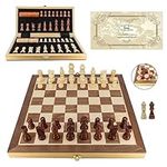 Kovend Small Wood Chess Set 12 Inch - Includes Premium Inlaid Board Staunton Handcrafted Wooden Chess Pieces Bonus Checkers Game Pieces Extra Queens Convenient Accessory Storage Travel