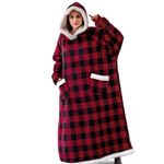 Hoodie Blanket, Long Wearable Blanket with Pockets Fluffy Flannel Sherpa TV Blanket Sweatshirt Winter Robe One Size Fits Men Women Adult(Plaid)