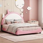 Merax Kid Full Upholstered Day Bed Frame with Unicorn Headboard, Wood Low Platform Bed for Kids Boys Girls,Easy Assemble White/Pink