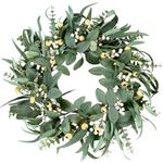 Sggvecsy Artificial Eucalyptus Wreath for Front Door 21 Inch Greenery Wreath Green Leaves Wreath with Mixed White Berries Spring Summer Wreath for Farmhouse Window Porch Wall Home Indoor Outdoor Decor