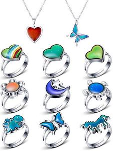 9 Pieces Mood Rings with 2 Mood Necklaces Color Change Ring Adjustable Size Mood Rings Set for Birthday Party Favors Carnival Costume Accessories, Boys, Girls, Adults, Multi Types (Charming Series)