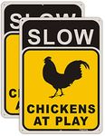 2 Pack Slow Chickens at Play Sign Chicken Crossing Sign 14 x 10 Inches Chicken Coop Signs for Farm Metal Reflective Rust Aluminum Weatherproof UV Protected Easy Mount Indoor Outdoor Use