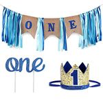 Baby 1st Birthday Boy Decorations with Crown - Baby Boy First Birthday Decorations High Chair Banner - Cake Smash Party Supplies - Happy Birthday ONE Burlap Banner, No.1 Gold and Blue Crown