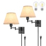 TRLIFE Dimmable Wall Sconces Set of Two, Wall Sconce Plug in Swing Arm Wall Lights with Plug in Cord and On/Off Knob Switch, 9.4" Medium Beige Fabric Shade(2 LED Bulbs Included)