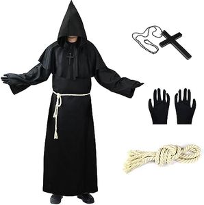 FORMIZON Costume de Moine d'Halloween, Robe de Prêtre Adulte Déguisement de Prêtre Costume de Sorcier, Costume Moine Medieval avec Collier de Croix, Ceinture, Gants, Deguisement Moine Adulte (XL)