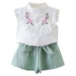 Bold N Elegant - Be Bold Inside & Elegant Outside Floral Embroidered Cotton Sleeveless Ruffle Top And Shorts Clothing Set For Infant Toddler Baby Girl (2-3 Years, White - Green)