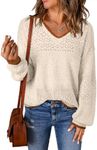 SHEWIN Womens Lightweight Sweaters Casual Long Sleeve V Neck Crochet Sweater Tops Cable Knit Pullover Jumper Fall Clothes for Women 2024, US 16-18(XL), White Brown