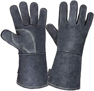 OZERO Long Sleeve Leather Heat Resistant Welding Gloves 500 ℃ BBQ 932 °F Grill Glove Oven Mitts (14 Inches)
