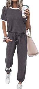 PRETTYGARDEN Women's Two Piece Lounge Sets 2025 Spring Summer Jogger Pants Vacation Outfits Travel Airplane Matching Clothes (Stripes Grey,Large)