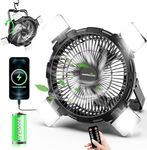 Camping Fan with LED Lantern, 8000mAh Rechargeable Battery Operated Portable Fan, Portable Tent Fan with Hanging Hook & Remote,4 Speeds,Timer,Outdoor USB Fan for Tent Picnic,Barbecue,Fishing,Travel