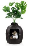 keygarzone Hidden Litter Box with Faux Plant, Cat Litter Box Furniture with Rattan Pattern for Large Cat, Carbon Filter, Easy Assemble & Clean, Brown