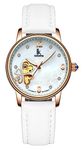 Skeleton Luminous Automatic Mechanical Waterproof Pearl Shell Dial Crystal Women Watch Leather White, White