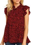 Angashion Women's Tops Casual Floral Print Cap Sleeve Ruffle Neck Loose Babydoll Shirt Blouse Tunic Top Wine Red S