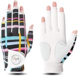 Golf Gloves Women Left Hand Half Finger Leather with Bling Ball Marker Value Pack, Colored Glove for Right Left Handed Golfer All Weather Grip (Half-Colored Stripes, Medium, Left)