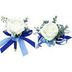 MAFELOE Wrist Corsage and Boutonniere Set for Groom Bride Groomsmen Bridesmaids Wedding Party Prom Suit, Artificial Rose Wrist Corsage Wristband Men Boutonniere- Blue White 2Pcs