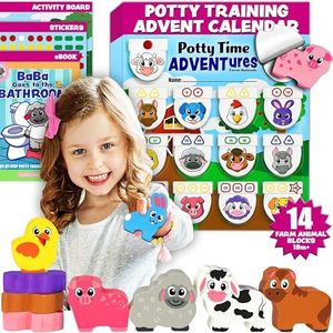 LIL ADVENTS Potty Time Adventures - Farm Animals with 14 Wooden Block Toy Prizes | Potty Training Advent Game | As Seen on Shark Tank | Wood Block Toys, Reward Chart, Activity Board and Stickers
