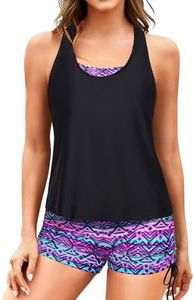 Yonique 3 Piece Womens Tankini Swimsuits with Shorts Athletic Bathing Suits Tank Tops with Bra and Boyshorts, Purple, Large
