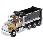 1:50 Western Star 4900 SF Tandem with Pusher Axle - Open Hood - Detroit Diesel Engine - Open Doors & Interior Ox Bodies Stampede Dump Cab - Gold + Dump - Black - Diecast Masters 71080 Transport Series