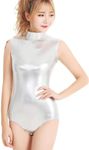 Speerise Adult Shiny Metallic One Pieces Turtleneck Dance Leotard Bodysuit Costume, M, Silver