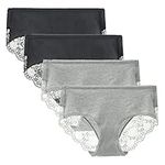 LIQQY Women's 4 Pack Cotton Mid Rise Full Coverage Lace Hipster Brief Panty Knicker Underwear (Medium, Black/Heather Grey)