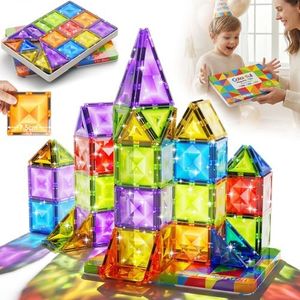 Magnetic Tiles for Kids Gift: 48 PCS Diamond Large Magnet Building Blocks in Storage Tin Box - 7.5cm Big Size 3D STEM Sensory Toy - Boys Girls Age 3-6 Birthday Party