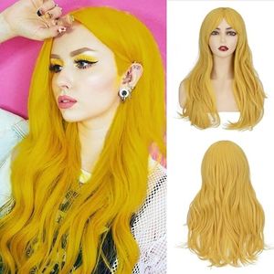 S-noilite Yellow Wig with Bangs for Women 26 inch Long Wavy Cosplay Wig Heat Resistant Synthetic Hair Colorful Anime Costume Wig for Halloween Party