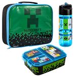 Zawadi Global Minecraft Kids Childrens Lunch Box Set – Insulated Lunch Bag, Multicompartment Lunch Box & 540ml Water Bottle - School Travel Lunch Food Set, BPA Free