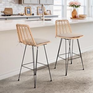 IDZO Rattan Bar Stools Set of 2, 42-Inch Height, 400lbs Weight Endurance, Steel Frame, Comfort Cushions, Suitable as Counter Height Bar Stools