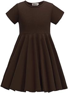 TriKalor Girls Dresses Short Sleeve Solid Color Skater Casual Twirly Dress with Pockets, Coffee, 4-5T