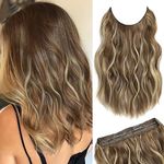 Invisible Wire Hair Extension Brown with Golden Highlights, Friendly Synthetic 12 inch Wavy Pieces for Women